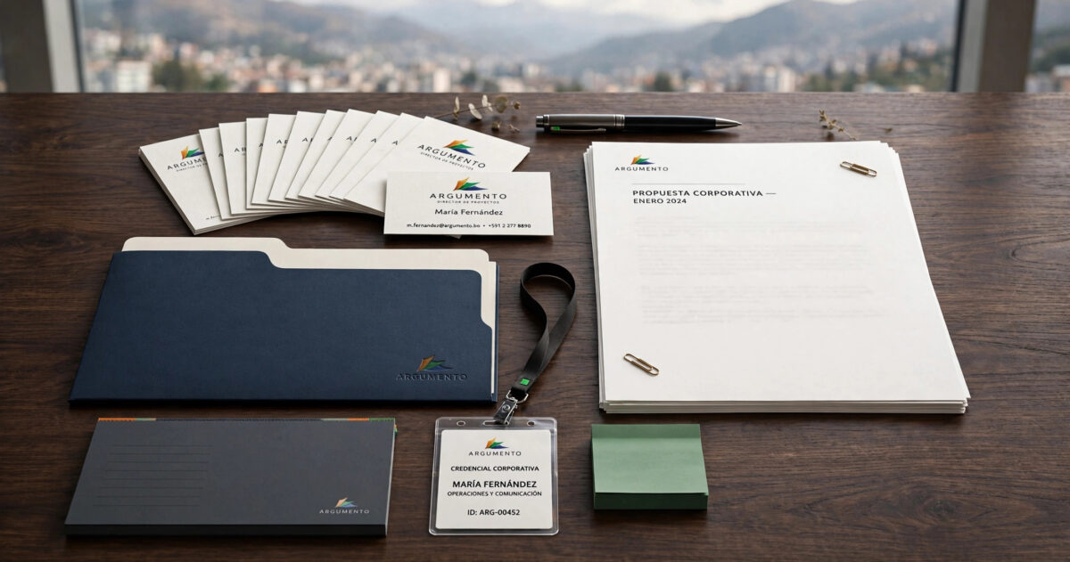 Set de papelería corporativa con tarjetas y hojas membretadas