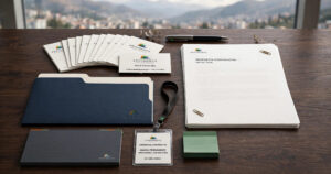 Set de papelería corporativa con tarjetas y hojas membretadas